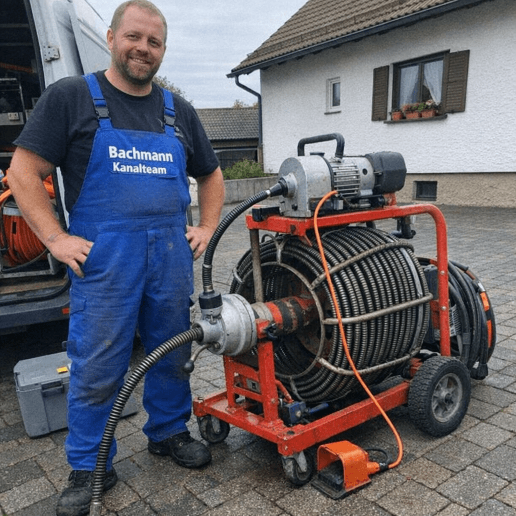 Professioneller Techniker bei der Kanalreinigung vor Ort mit Ausrüstung